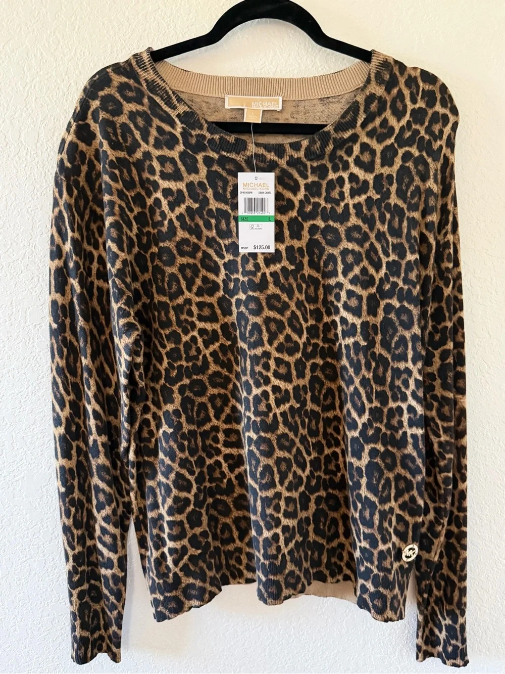 Michael Kors Leopard Print Long Sleeve Sweater - Brown/Black Size Large